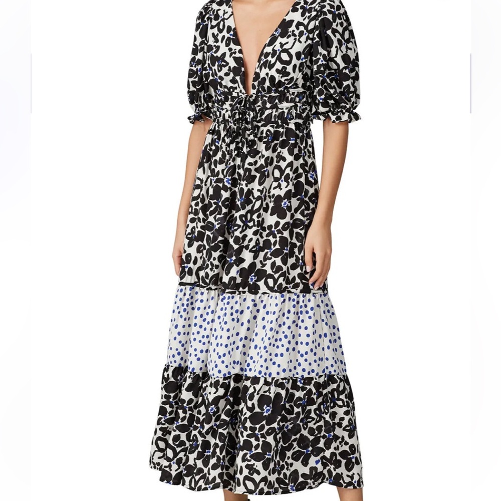 Love Whit Black White Puff Sleeve Midi Plunge Button Dress Size M Wedding Guest